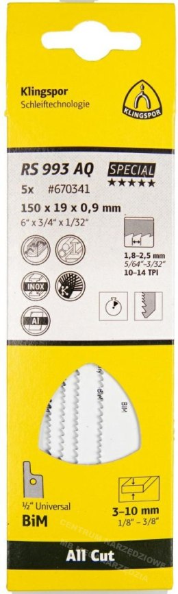 KLINGSPOR Brzeszczot do piły szablastej 150x19x0,9mm RS 993 AQ /5szt.