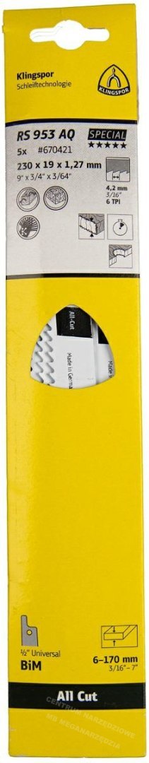 KLINGSPOR Reciprocating Saw Blade 230x19x1.27mm RS 953 AQ /5pcs.