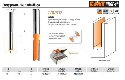 CMT Long straight milling cutter HM D=16 I=31.7 L=66 S=8 CMT Long straight milling cutter HM D=16 I=31.7 L=66 S=8