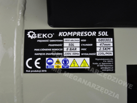 Kompresor olejowy GEKO sprężarka 50L 8 BAR 210 l/min Kompresor olejowy GEKO sprężarka 50L 8 BAR 210 l/min