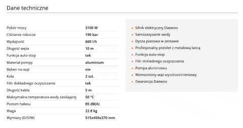 MYJKA CIŚNIENIOWA DAEWOO 3100W 190 BAR EXPERT 3 GW MYJKA CIŚNIENIOWA DAEWOO 3100W 190 BAR EXPERT 3 GW