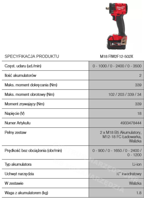 M18FIW2F12-502X KLUCZ UDAROWY 1/2 18V 339Nm 2x5,0A M18FIW2F12-502X KLUCZ UDAROWY 1/2 18V 339Nm 2x5,0A
