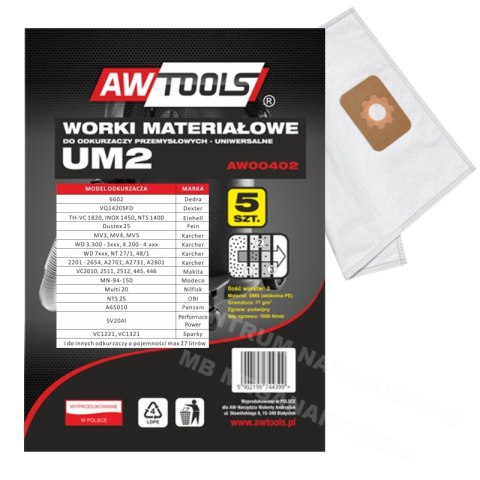 AWTOOLS WORKI Z MIKROWŁÓKNINY kpl.5szt. UM2, MAKITA VC2010/2511/2512/445/446 AWTOOLS AWTOOLS WORKI Z MIKROWŁÓKNINY kpl.5szt. UM2, MAKITA VC2010/2511/2512/445/446 AWTOOLS