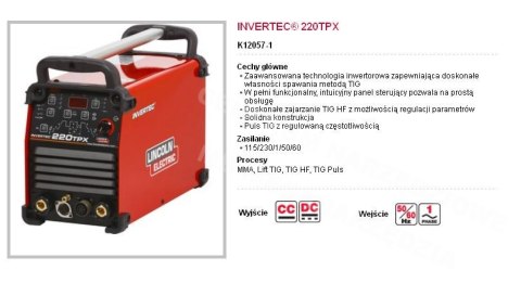 LINCOLN SPAWARKA INWERTOROWA INVERTEC 220TPX 230V/1 LINCOLN ELECTRIC LINCOLN SPAWARKA INWERTOROWA INVERTEC 220TPX 230V/1 LINCOLN ELECTRIC
