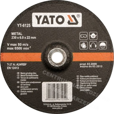 YATO TARCZA DO SZLIFOWANIA METALU 125x6,0x22mm 6124 YATO TARCZA DO SZLIFOWANIA METALU 125x6,0x22mm 6124