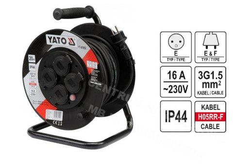 YATO Przedłużacz bębnowy 20m 3 x 1,5mm2 IP44 81052 YATO Przedłużacz bębnowy 20m 3 x 1,5mm2 IP44 81052
