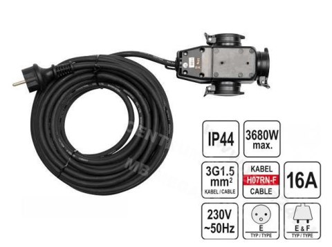 YATO PRZEDŁUŻACZ Z ROZGAŁĘŹNIKIEM 20m 3x1,5mm2 IP44 16A H07RN-F 81162 YATO PRZEDŁUŻACZ Z ROZGAŁĘŹNIKIEM 20m 3x1,5mm2 IP44 16A H07RN-F 81162