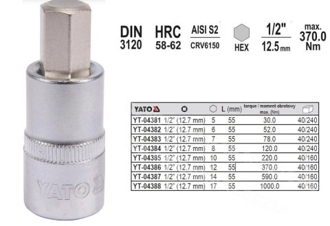 YATO KLUCZ TRZPIENIOWY IMBUSOWY/HEX 1/2" 12x55mm YATO KLUCZ TRZPIENIOWY IMBUSOWY/HEX 1/2" 12x55mm