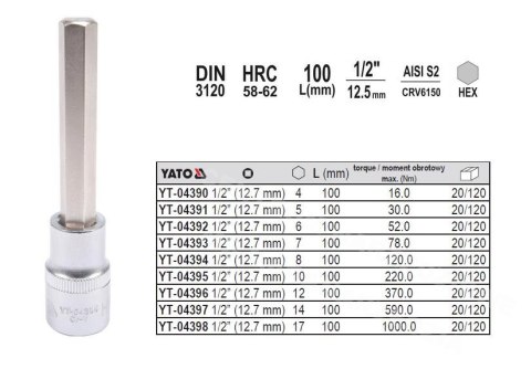 YATO KLUCZ TRZPIENIOWY IMBUSOWY/HEX 1/2" 4x100mm YATO KLUCZ TRZPIENIOWY IMBUSOWY/HEX 1/2" 4x100mm