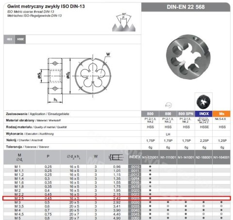FANAR Narzynka M2,5 x 0,45 HSS800 DIN 22568 FANAR Narzynka M2,5 x 0,45 HSS800 DIN 22568