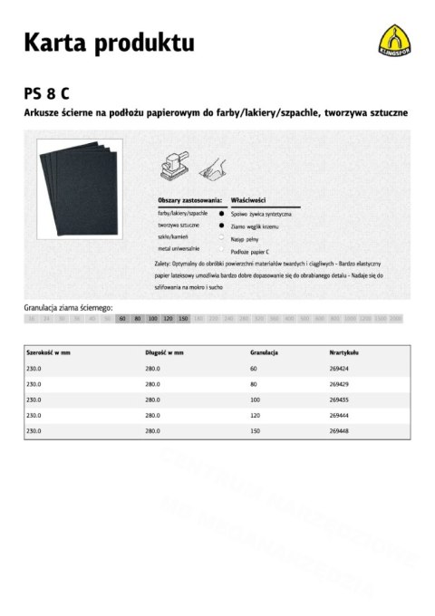 KLINGSPOR Arkusze ścierne na podłożu papierowym 230mm x 280mm PS8C na mokro gr. 60 /50szt. KLINGSPOR Arkusze ścierne na podłożu papierowym 230mm x 280mm PS8C na mokro gr. 60 /50szt.