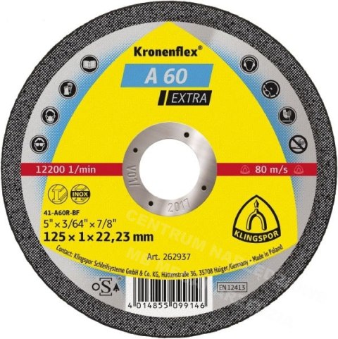 KLINGSPOR Tarcza do cięcia metalu 125mm x 1,0mm x 22,2mm A60 Extra KLINGSPOR Tarcza do cięcia metalu 125mm x 1,0mm x 22,2mm A60 Extra