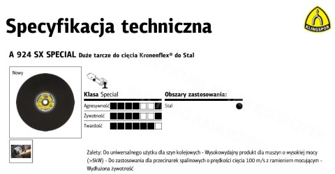 KLINGSPOR TARCZA DO CIĘCIA METALU 350mm x 4,0mm x 25,4mm A924SX Special DO SZYN KOLEJOWYCH