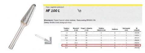 KLINGSPOR FREZ DO METALU HF 100 L FI=9,6x30mm TRZPIEŃ 6mm, TYP:KEL, STOŻKOWO-KULISTY KLINGSPOR FREZ DO METALU HF 100 L FI=9,6x30mm TRZPIEŃ 6mm, TYP:KEL, STOŻKOWO-KULISTY