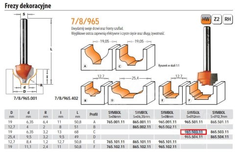 CMT FREZ DEKORACYJNY HM D=19 d=6,35 R=3,2 I=13 S=12 CMT FREZ DEKORACYJNY HM D=19 d=6,35 R=3,2 I=13 S=12