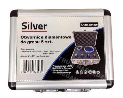Otwornice diamentowe 5 el. 6, 8, 10, 35, 68 mm M14 SILVER Otwornice diamentowe 5 el. 6, 8, 10, 35, 68 mm M14 SILVER