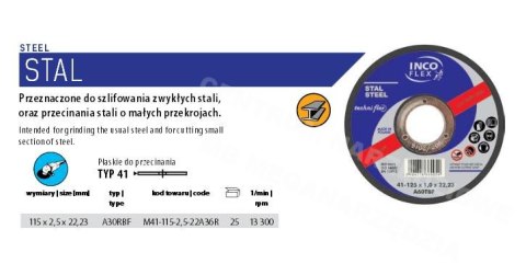 INCOFLEX Metal Cutting-Off Wheel 115 x 2.5 x 22.2mm INCOFLEX Metal Cutting-Off Wheel 115 x 2.5 x 22.2mm