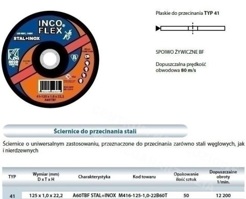 TARCZA Do metalu incoflex 125 x 1,0 x 22,2mm stal + inox