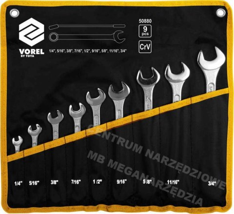 VOREL Klucze płasko - oczkowe calowe komplet 9el. 1/4"-3/4"